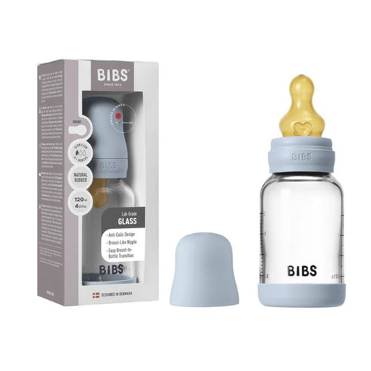 Bibs Glass Baby Bottle Complete Set 120ml Latex - Baby Blue
