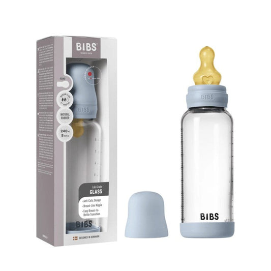 Bibs Glass Baby Bottle Complete Set 240ml Medium Flow Latex - Baby Blue