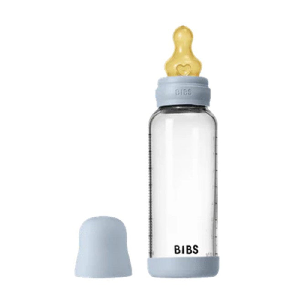 Bibs Glass Baby Bottle Complete Set 240ml Medium Flow Latex - Baby Blue