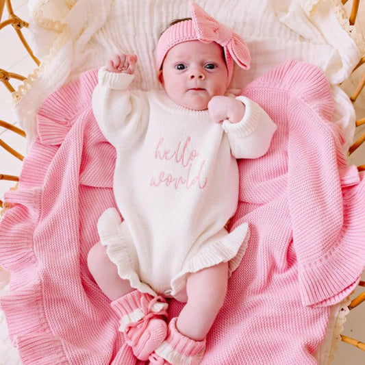 Confetti Kidz Chunky Knit Romper - Hello World - Blush Pink Font