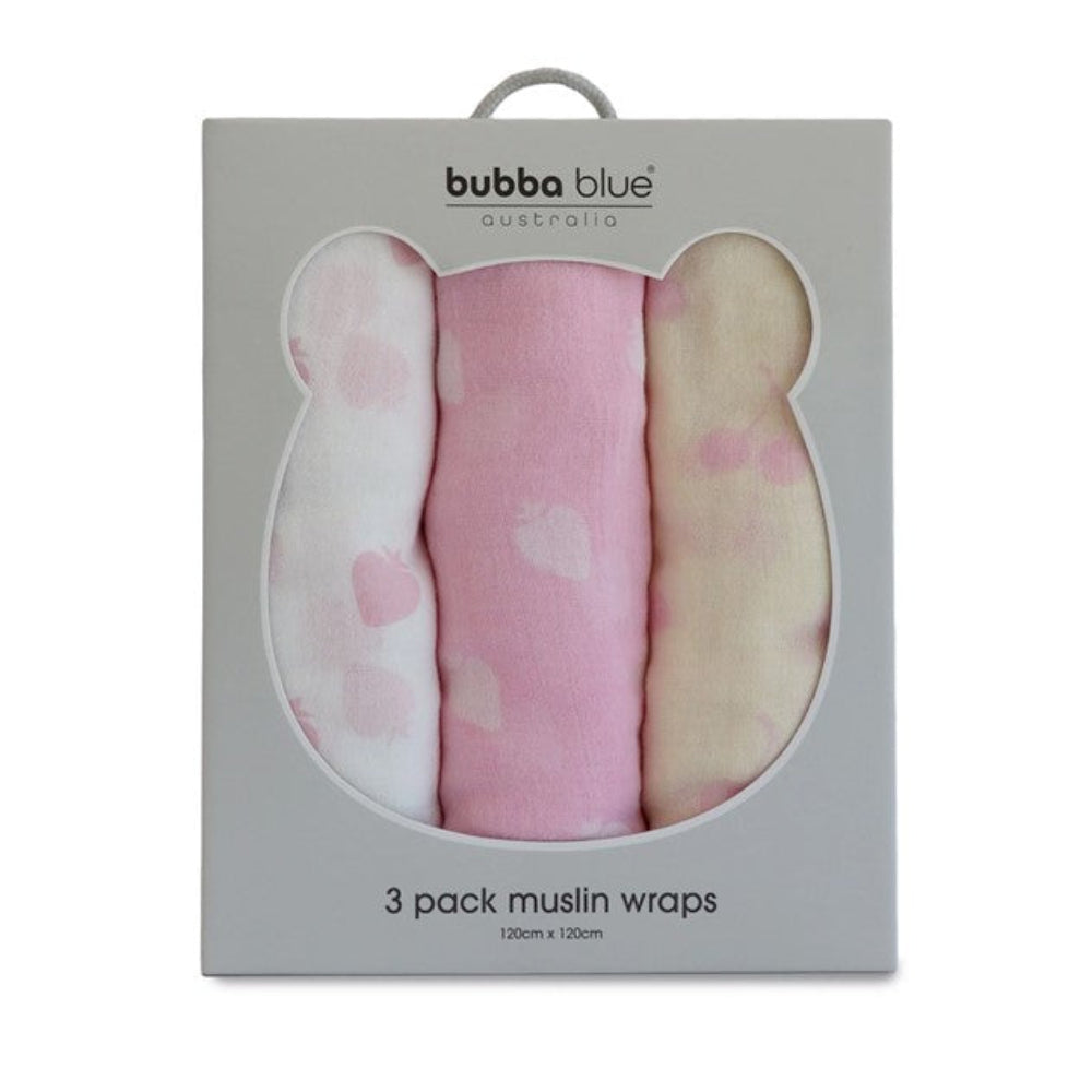 Bubba Blue Nordic Sorbet 3pk Muslin Wrap Strawberry/Cherry