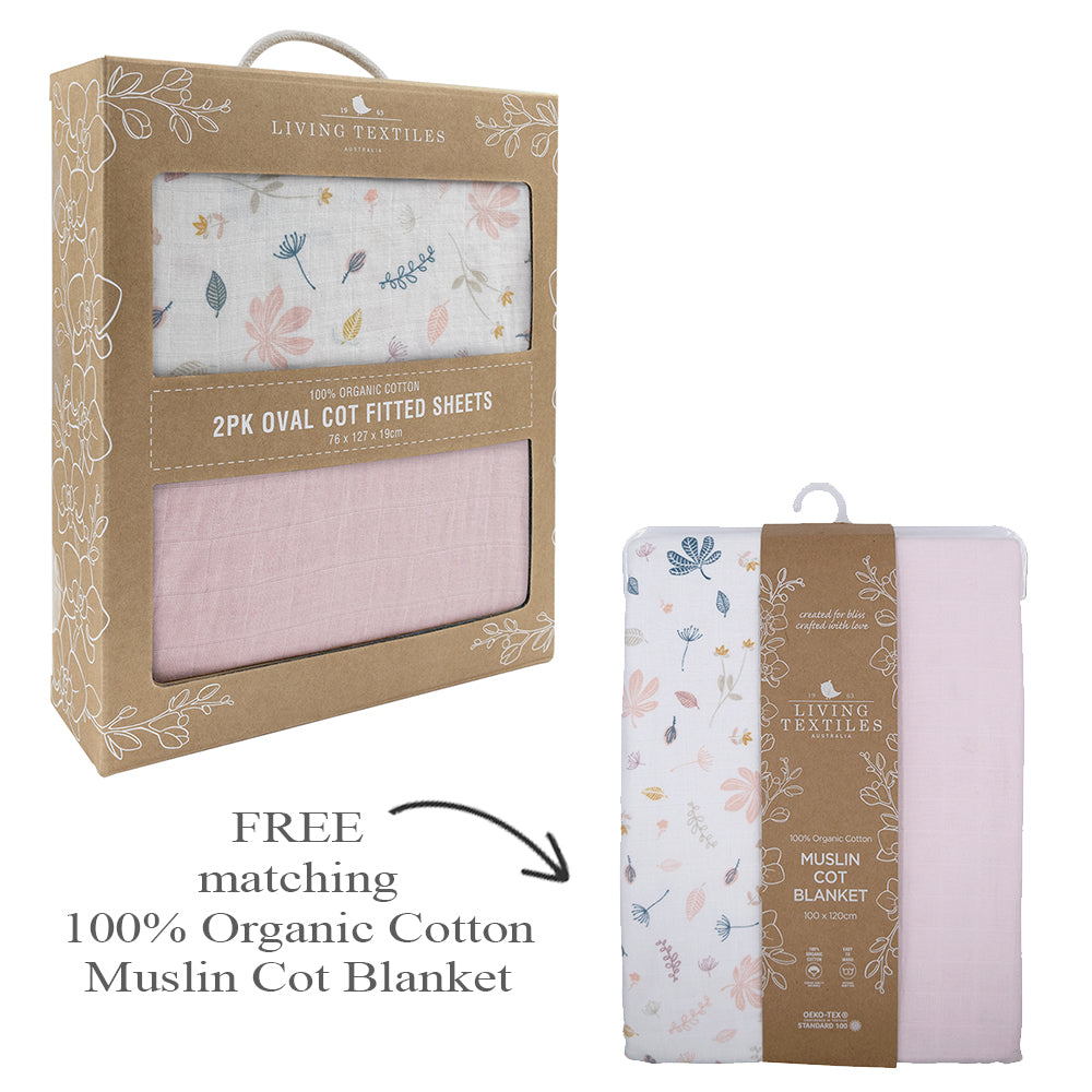 Living Textiles Organic Muslin 2-pack Oval Cot Fitted Sheets - Botanical/Blush + FREE Matching Cot Blanket