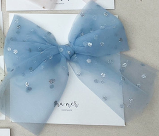 Ma Mer Valentina Bow Clip - Blue with Silver Dots