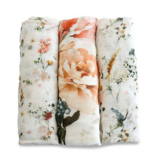 Bubba Blue Bamboo 3pk Muslin Wraps - Peonies