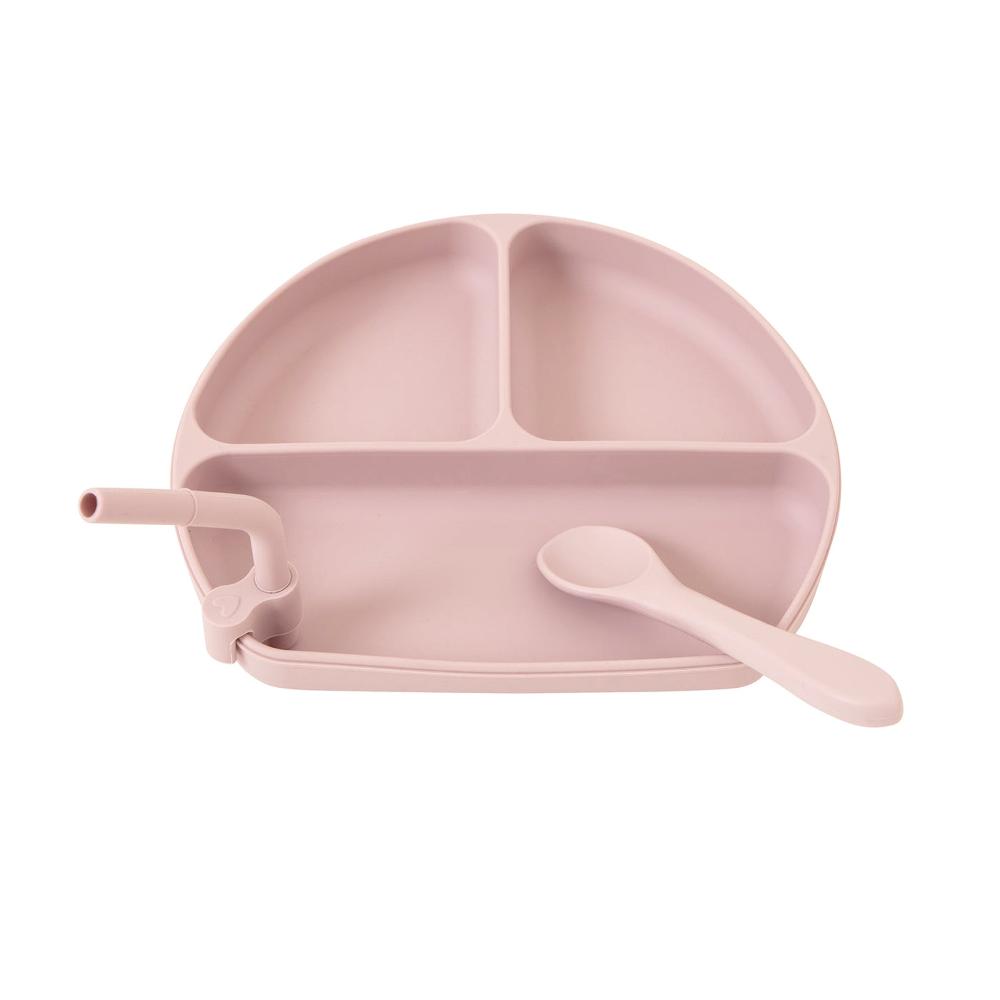 All4Ella Silicone Plate with Straw & Spoon - Dusty Pink