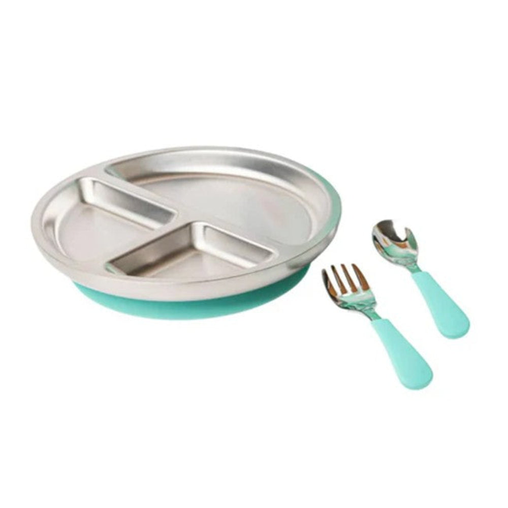 Lion + Lady Stainless Steel Toddler Plate with Fork and Spoon - Mint