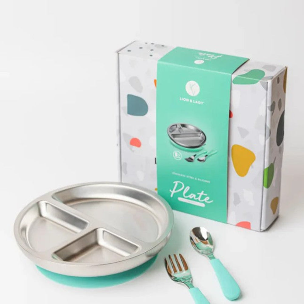 Lion + Lady Stainless Steel Toddler Plate with Fork and Spoon - Mint
