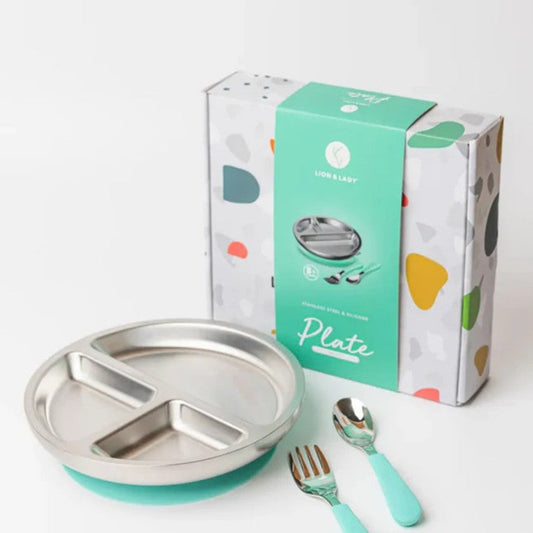 Lion + Lady Stainless Steel Toddler Plate with Fork and Spoon - Mint