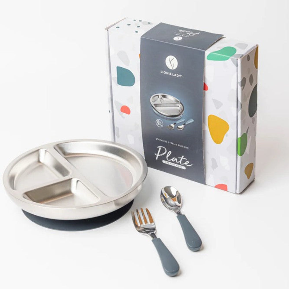 Lion + Lady Stainless Steel Toddler Plate with Fork and Spoon - French Navy