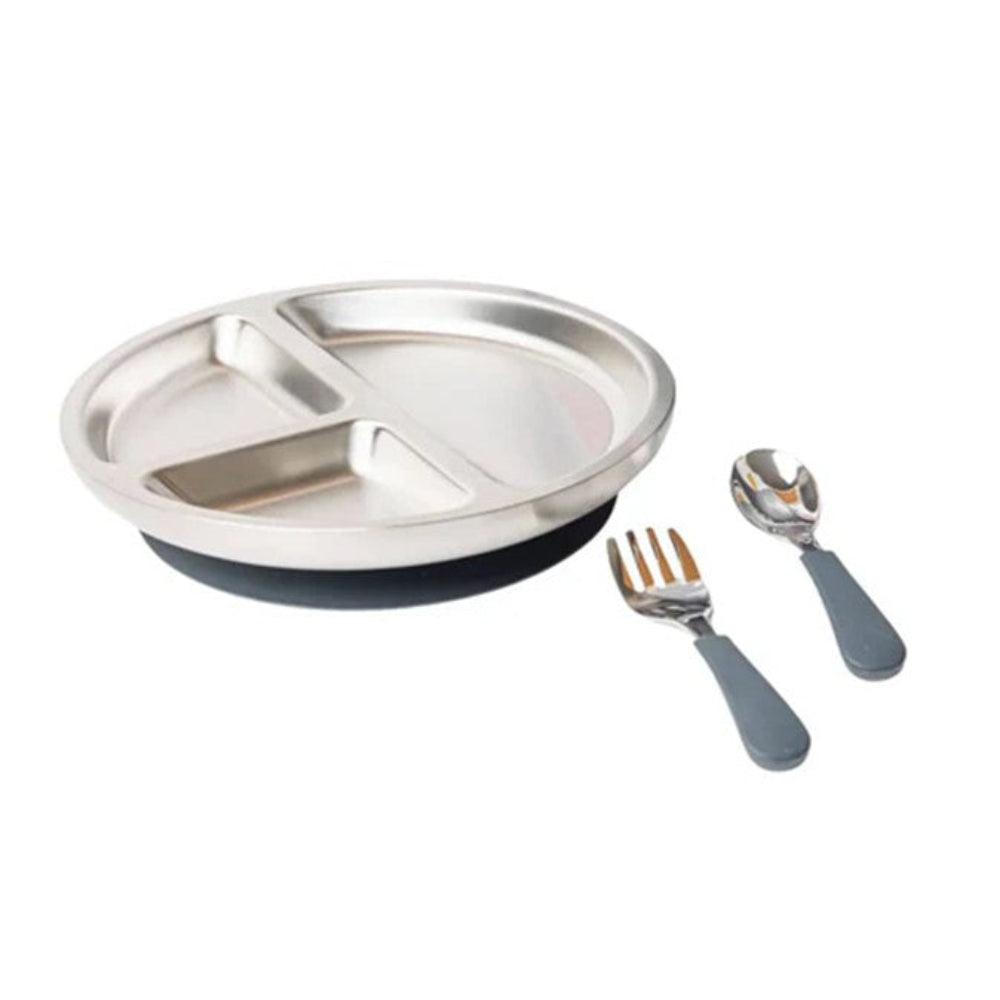 Lion + Lady Stainless Steel Toddler Plate with Fork and Spoon - French Navy
