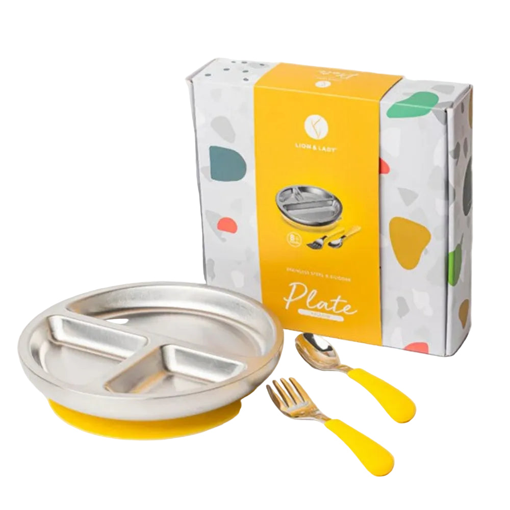 Lion + Lady Stainless Steel Toddler Plate with Fork and Spoon - Buttercup Yellow