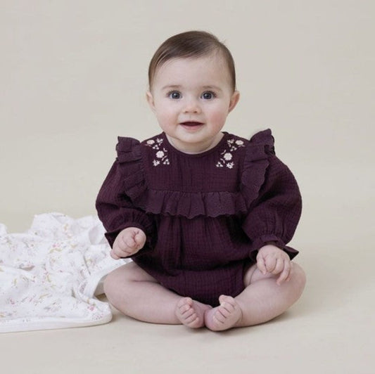 Aster + Oak Plum Floral Muslin Romper