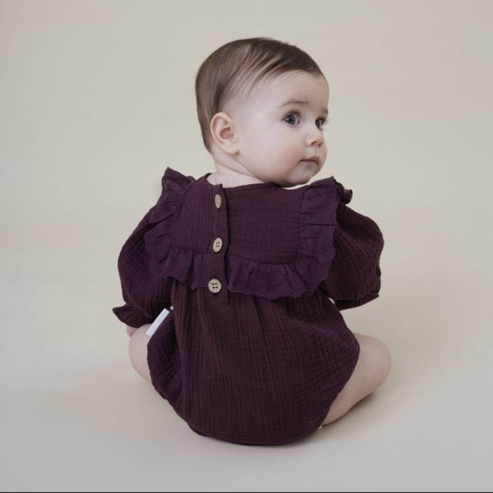 Aster + Oak Plum Floral Muslin Romper