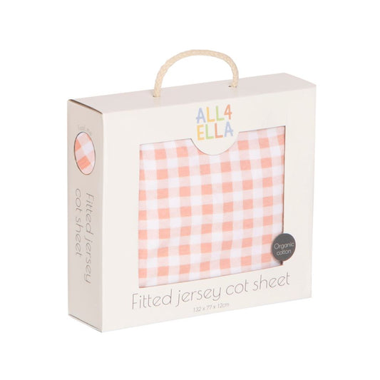 All4Ella Organic Jersey Fitted Cot Sheet - Gingham Strawberry