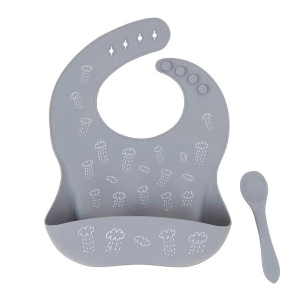 All4Ella Silicone Bib with Spoon - Grey Clouds