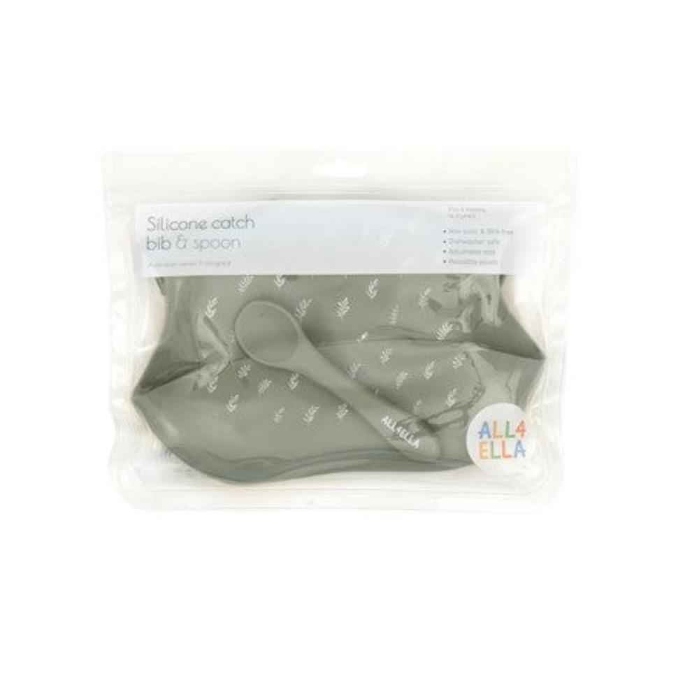 All4Ella Silicone Bib with Spoon - Olive Leaf