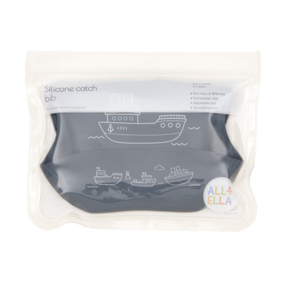 All4Ella Silicone Catch Bib - Boats Slate Blue