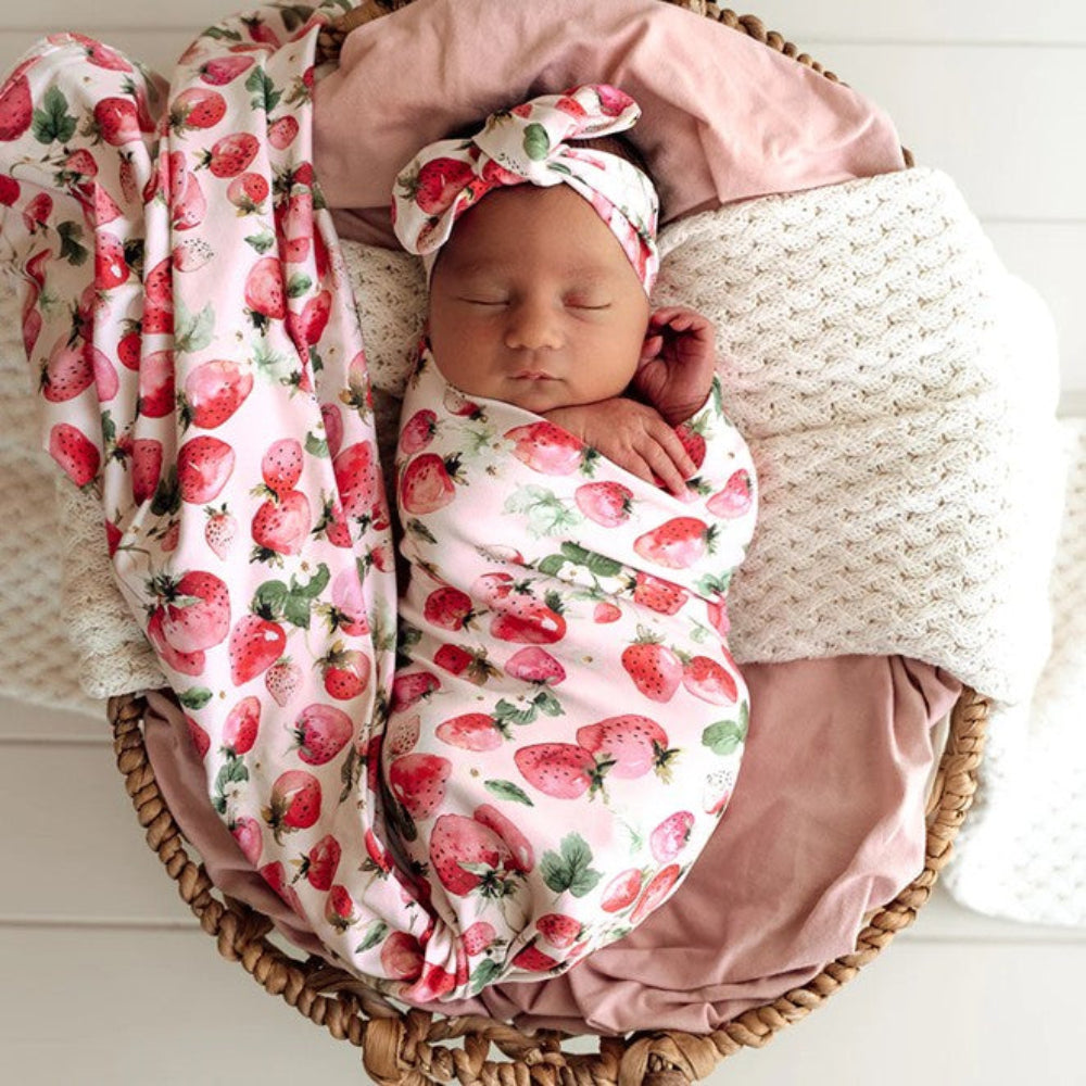 Snuggle Hunny Organic Jersey Wrap & Topknot Set - Strawberry
