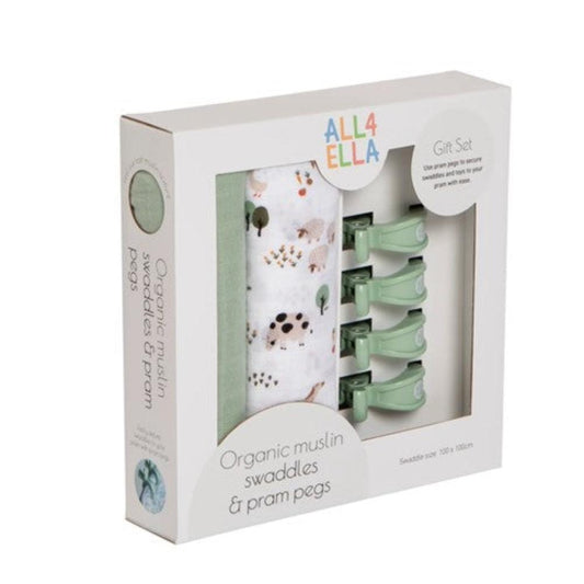 All4Ella 2 Pack Muslin Wraps & 4 Pegs - Country Farm