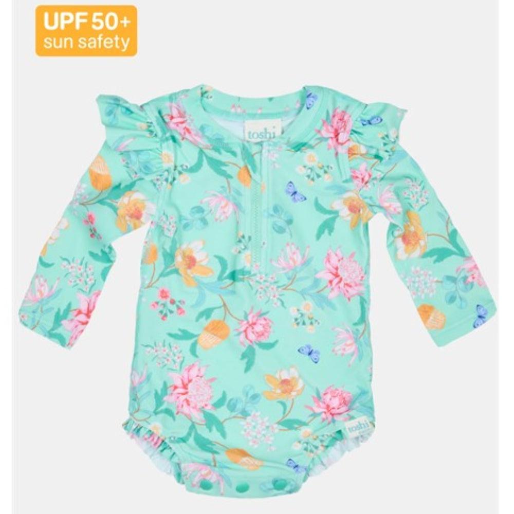 Toshi Swim Onesie Long Sleeve Ripple - Waratah Mint