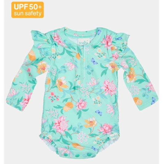 Toshi Swim Onesie Long Sleeve Ripple - Waratah Mint