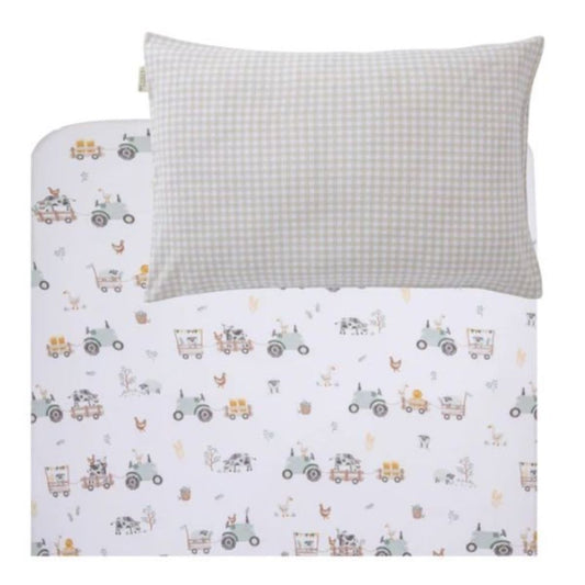 Living Textiles Port a Cot Fitted Sheet and Pillowcase - Tractor Ride