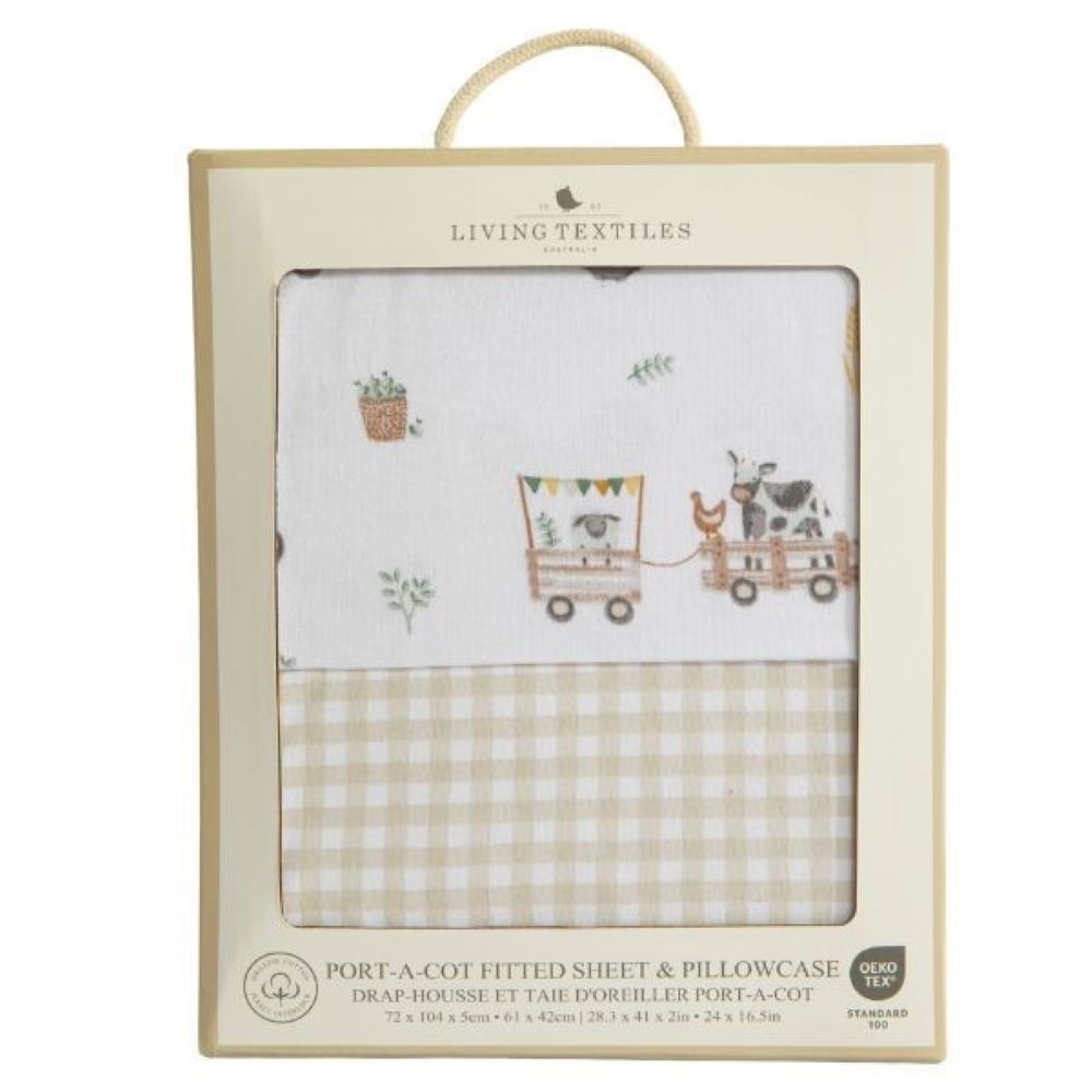 Living Textiles Port a Cot Fitted Sheet and Pillowcase - Tractor Ride