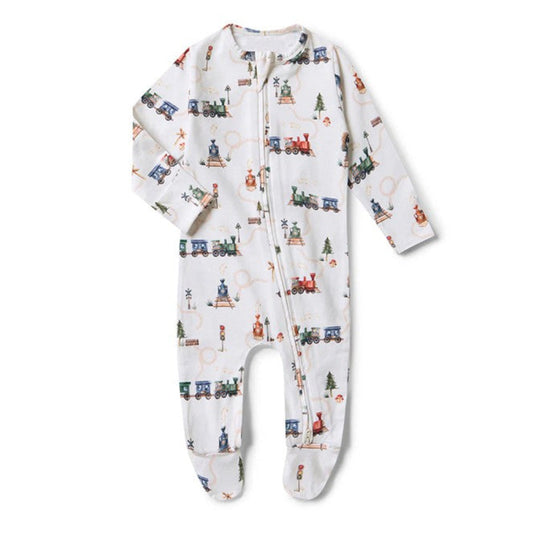 Snuggle Hunny Organic Snuggle Sleepsuit Zip Footie - Trains