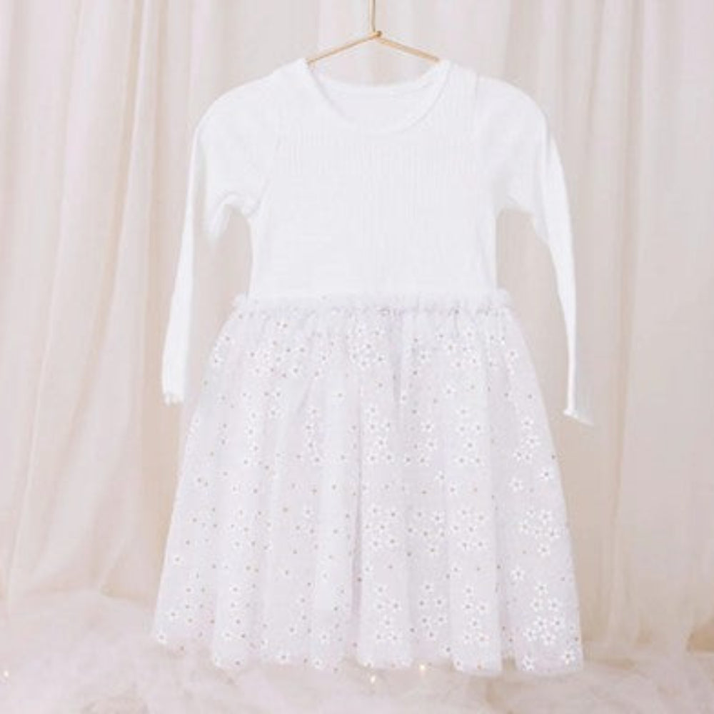 Confetti Kidz L/S Ribbed Tulle Dress - White Daisies