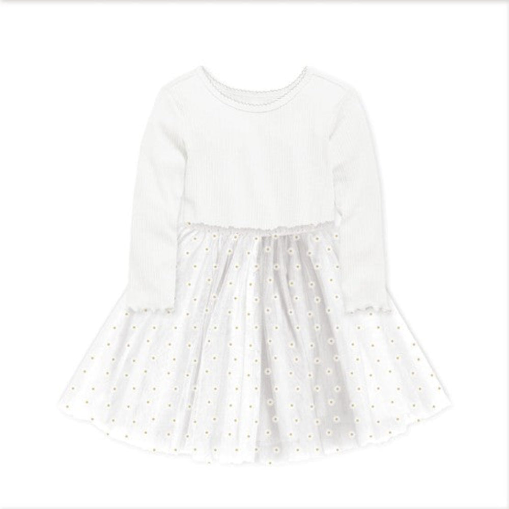 Confetti Kidz L/S Ribbed Tulle Dress - White Daisies