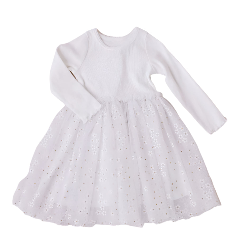 Confetti Kidz L/S Ribbed Tulle Dress - White Daisies