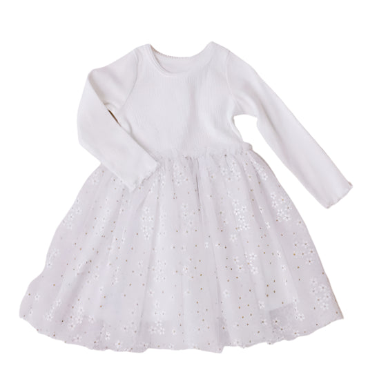Confetti Kidz L/S Ribbed Tulle Dress - White Daisies