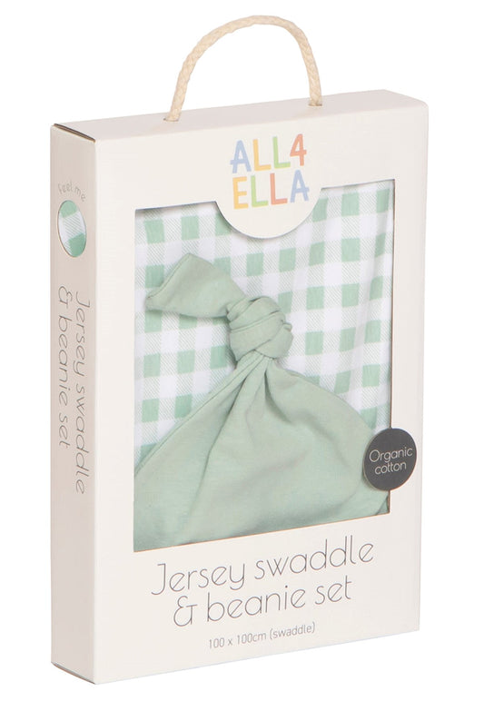 All4Ella Jersey Wrap and Beanie Set - Gingham Sage