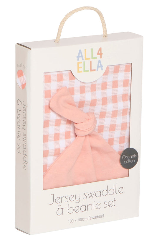 All4Ella Jersey Wrap and Beanie Set - Gingham Strawberry