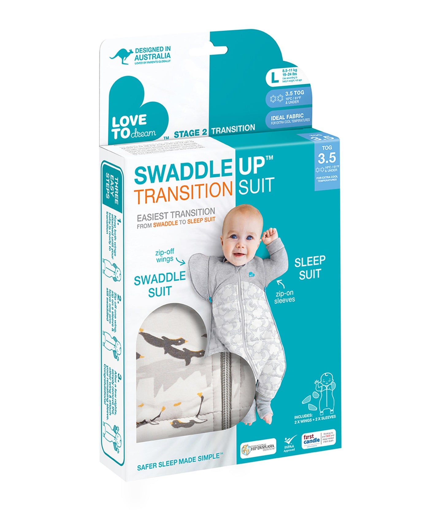 Love To Dream Swaddle Up Transition Suit Extra Warm 3.5 Tog - Grey Penguin