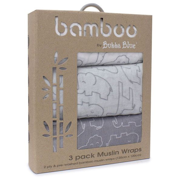 Bubba Blue Ash Grey Safari Bamboo Bamboo Muslin Wraps 3 pk