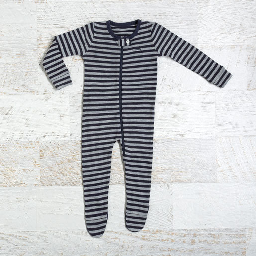 Merino Baby Zip Onesie - Navy Stripe