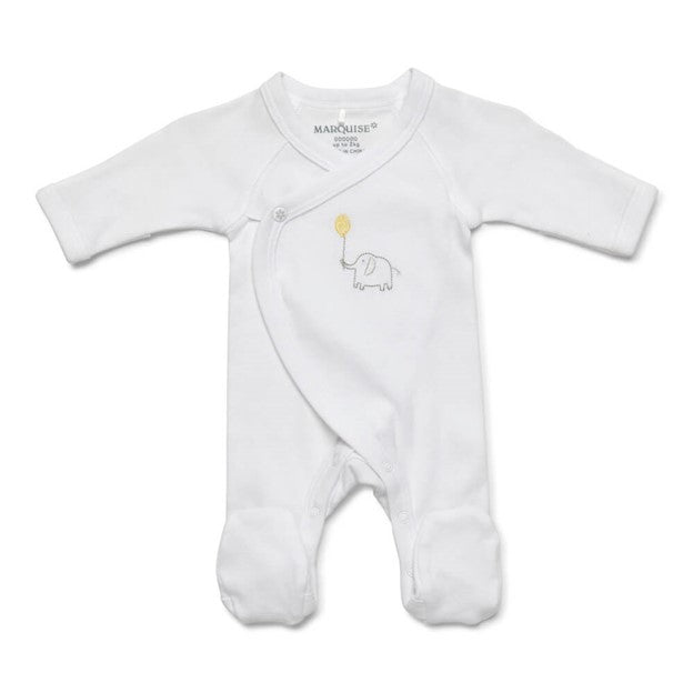 Marquise Premmie Footed Studsuit - White with Elephant Embroidery
