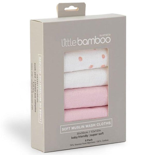 Little Bamboo Muslin Wash Cloths 6 Pk - Dusky Pink