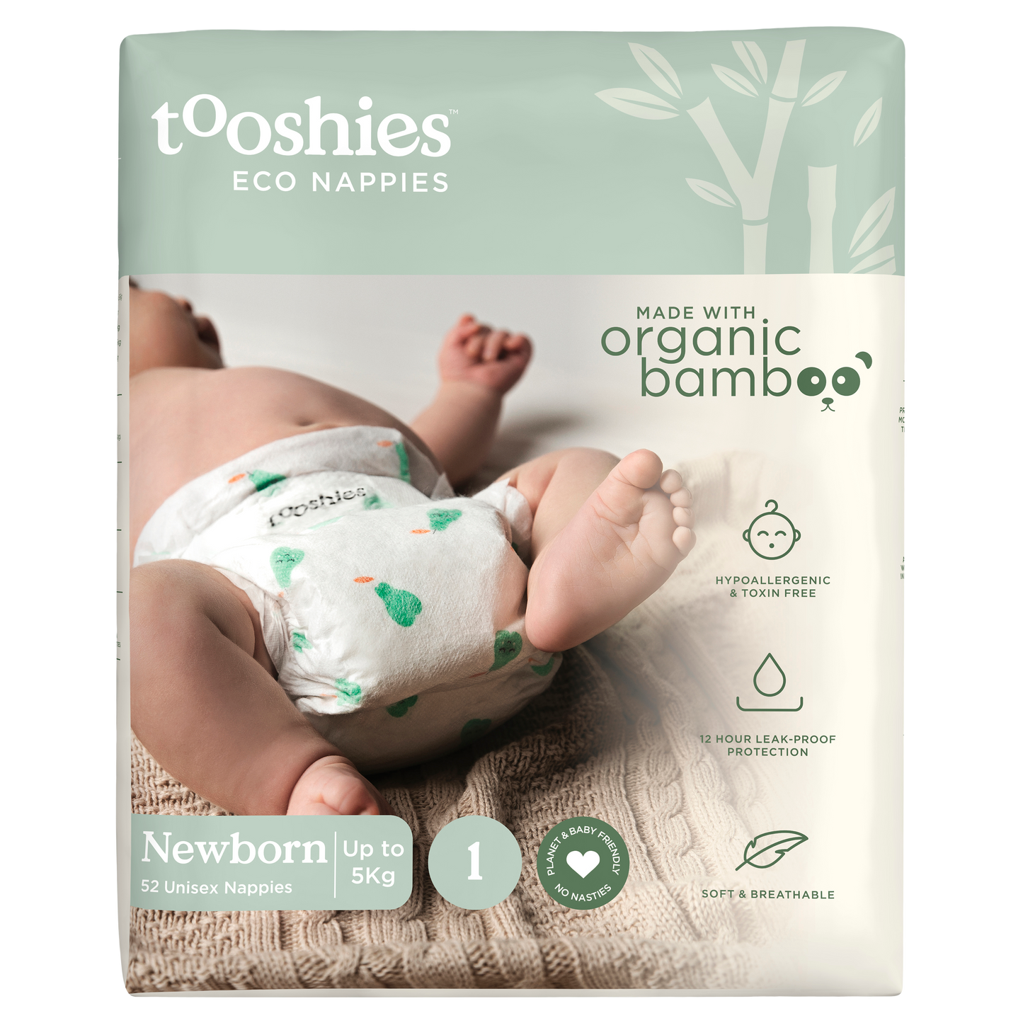 Tooshies Organic Bamboo Nappies - Size 1 Newborn 3-5 kg - 52 pk