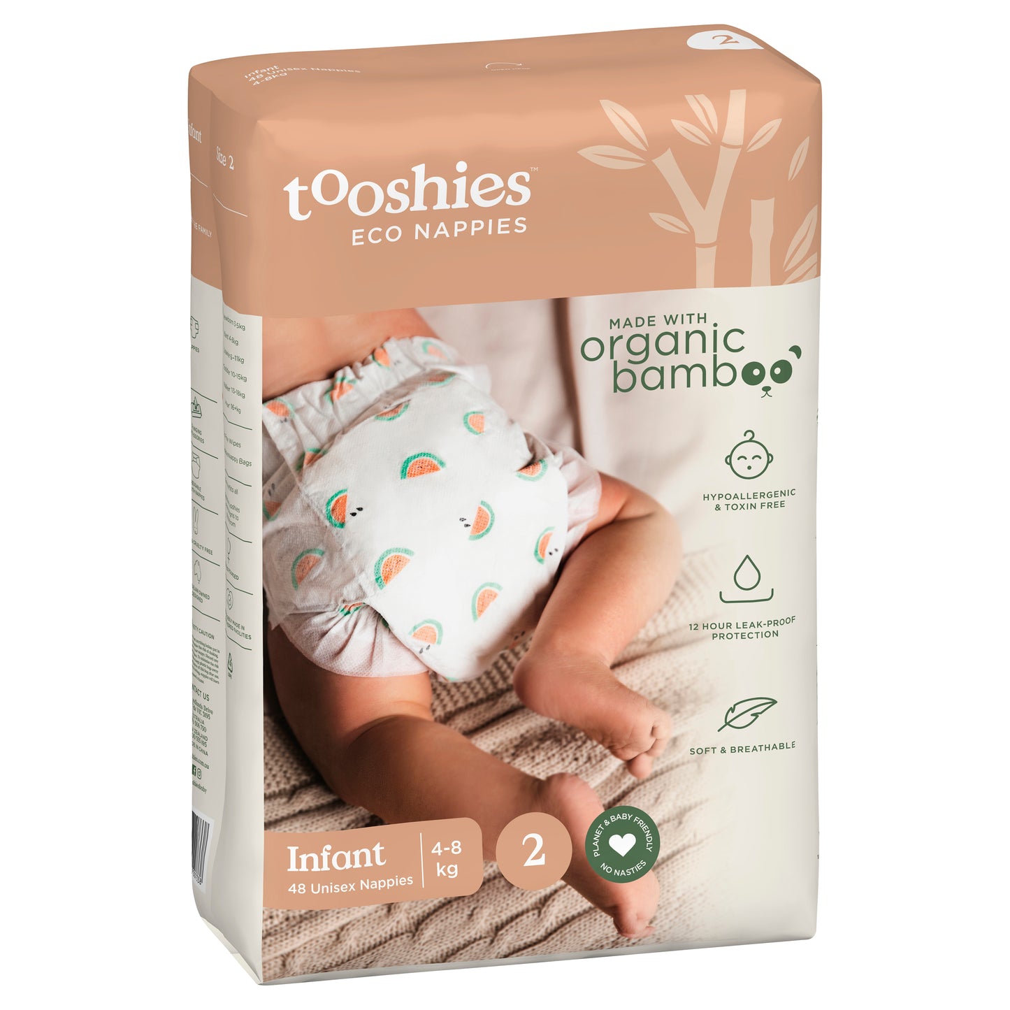 Tooshies Organic Bamboo Nappies - Size 2 Infant 4-8 kg - 48 pk